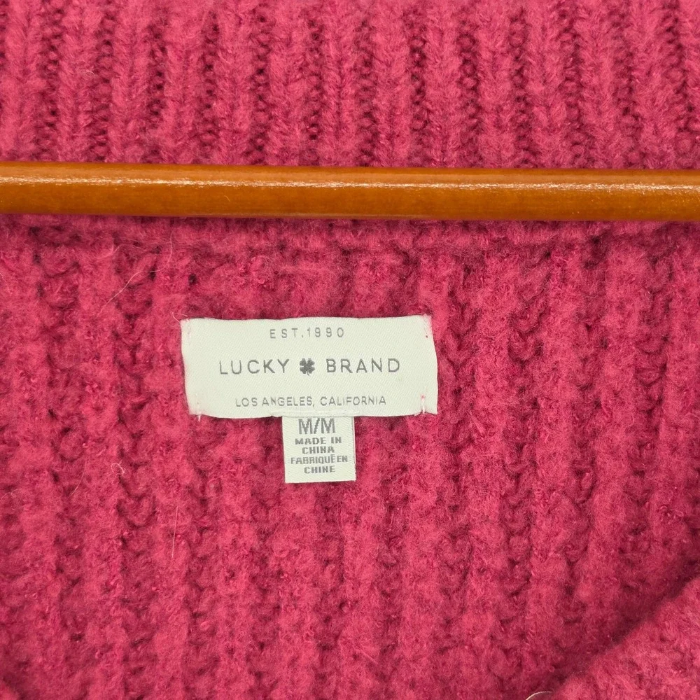 Lucky Brand Womens Magenta Pink Ribbed V-Neck Chunky Knit Sweater Size Medium